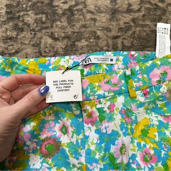 Women's Zara Floral Printed Linen Blend‎ Flare Trousers  Size 4 New with Tags - Picture 11 of 14